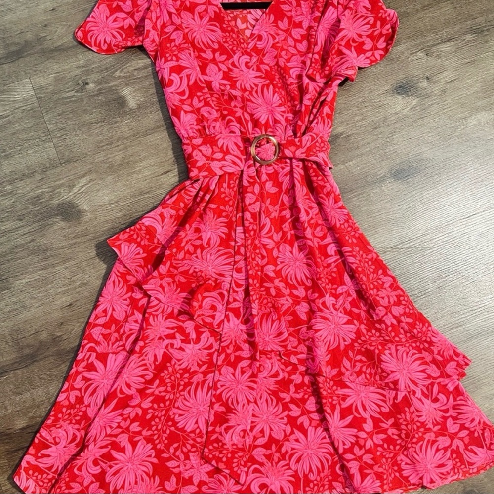 sofia by sofia vergara Red and Pink Floral Wrap Midi Dress